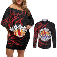 Tahitian Coat Of Arm and Tiare Flower Couples Matching Off Shoulder Short Dress and Long Sleeve Button Shirt Polynesian Tribal Tattoo LT9 Black - Polynesian Pride