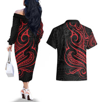 Tahitian Coat Of Arm and Tiare Flower Couples Matching Off The Shoulder Long Sleeve Dress and Hawaiian Shirt Polynesian Tribal Tattoo LT9 - Polynesian Pride
