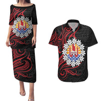 Tahitian Coat Of Arm and Tiare Flower Couples Matching Puletasi and Hawaiian Shirt Polynesian Tribal Tattoo LT9 Black - Polynesian Pride
