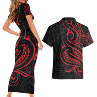 Tahitian Coat Of Arm and Tiare Flower Couples Matching Short Sleeve Bodycon Dress and Hawaiian Shirt Polynesian Tribal Tattoo LT9 - Polynesian Pride