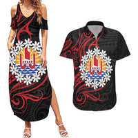 Tahitian Coat Of Arm and Tiare Flower Couples Matching Summer Maxi Dress and Hawaiian Shirt Polynesian Tribal Tattoo LT9 Black - Polynesian Pride