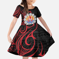 Tahitian Coat Of Arm and Tiare Flower Family Matching Mermaid Dress and Hawaiian Shirt Polynesian Tribal Tattoo LT9 Daughter's Dress Black - Polynesian Pride