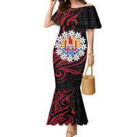Tahitian Coat Of Arm and Tiare Flower Family Matching Mermaid Dress and Hawaiian Shirt Polynesian Tribal Tattoo LT9 Mom's Dress Black - Polynesian Pride