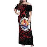 Tahitian Coat Of Arm and Tiare Flower Family Matching Off Shoulder Maxi Dress and Hawaiian Shirt Polynesian Tribal Tattoo LT9 Mom's Dress Black - Polynesian Pride