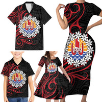 Tahitian Coat Of Arm and Tiare Flower Family Matching Short Sleeve Bodycon Dress and Hawaiian Shirt Polynesian Tribal Tattoo LT9 - Polynesian Pride