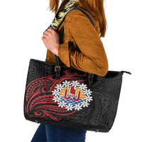 Tahitian Coat Of Arm and Tiare Flower Leather Tote Bag Polynesian Tribal Tattoo LT9 Black - Polynesian Pride