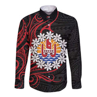 Tahitian Coat Of Arm and Tiare Flower Long Sleeve Button Shirt Polynesian Tribal Tattoo LT9 Unisex Black - Polynesian Pride