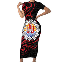 Tahitian Coat Of Arm and Tiare Flower Short Sleeve Bodycon Dress Polynesian Tribal Tattoo LT9 Long Dress Black - Polynesian Pride