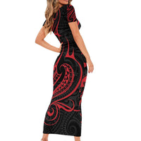 Tahitian Coat Of Arm and Tiare Flower Short Sleeve Bodycon Dress Polynesian Tribal Tattoo LT9 - Polynesian Pride