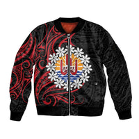 Tahitian Coat Of Arm and Tiare Flower Sleeve Zip Bomber Jacket Polynesian Tribal Tattoo LT9 Unisex Black - Polynesian Pride