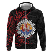 Tahitian Coat Of Arm and Tiare Flower Zip Hoodie Polynesian Tribal Tattoo LT9 Zip Hoodie Black - Polynesian Pride