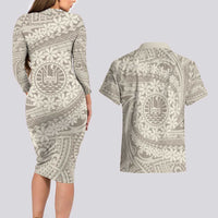 Tahitian Tiare Flower Couples Matching Long Sleeve Bodycon Dress and Hawaiian Shirt Beige Polynesian Pattern LT9 - Polynesian Pride