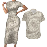 Tahitian Tiare Flower Couples Matching Short Sleeve Bodycon Dress and Hawaiian Shirt Beige Polynesian Pattern LT9 Beige - Polynesian Pride