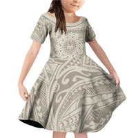 Tahitian Tiare Flower Family Matching Off Shoulder Short Dress and Hawaiian Shirt Beige Polynesian Pattern LT9 Daughter's Dress Beige - Polynesian Pride