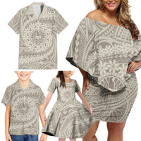 Tahitian Tiare Flower Family Matching Off Shoulder Short Dress and Hawaiian Shirt Beige Polynesian Pattern LT9 - Polynesian Pride