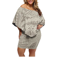 Tahitian Tiare Flower Family Matching Off Shoulder Short Dress and Hawaiian Shirt Beige Polynesian Pattern LT9 Mom's Dress Beige - Polynesian Pride