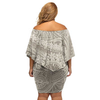 Tahitian Tiare Flower Family Matching Off Shoulder Short Dress and Hawaiian Shirt Beige Polynesian Pattern LT9 - Polynesian Pride