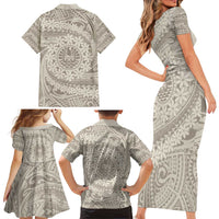 Tahitian Tiare Flower Family Matching Short Sleeve Bodycon Dress and Hawaiian Shirt Beige Polynesian Pattern LT9 - Polynesian Pride