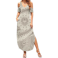 Tahitian Tiare Flower Family Matching Summer Maxi Dress and Hawaiian Shirt Beige Polynesian Pattern LT9 Mom's Dress Beige - Polynesian Pride