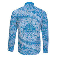 Tahitian Tiare Flower Family Matching Long Sleeve Bodycon Dress and Hawaiian Shirt Blue Polynesian Pattern
