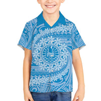 Tahitian Tiare Flower Family Matching Long Sleeve Bodycon Dress and Hawaiian Shirt Blue Polynesian Pattern