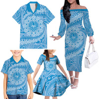 Tahitian Tiare Flower Family Matching Off The Shoulder Long Sleeve Dress and Hawaiian Shirt Blue Polynesian Pattern LT9 - Polynesian Pride