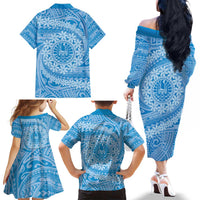 Tahitian Tiare Flower Family Matching Off The Shoulder Long Sleeve Dress and Hawaiian Shirt Blue Polynesian Pattern LT9 - Polynesian Pride