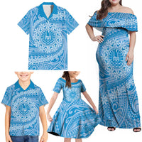 Tahitian Tiare Flower Family Matching Off Shoulder Maxi Dress and Hawaiian Shirt Blue Polynesian Pattern LT9 - Polynesian Pride