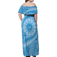 Tahitian Tiare Flower Family Matching Off Shoulder Maxi Dress and Hawaiian Shirt Blue Polynesian Pattern LT9 - Polynesian Pride