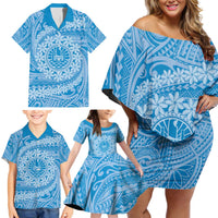 Tahitian Tiare Flower Family Matching Off Shoulder Short Dress and Hawaiian Shirt Blue Polynesian Pattern LT9 - Polynesian Pride