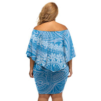 Tahitian Tiare Flower Family Matching Off Shoulder Short Dress and Hawaiian Shirt Blue Polynesian Pattern LT9 - Polynesian Pride