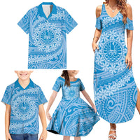 Tahitian Tiare Flower Family Matching Summer Maxi Dress and Hawaiian Shirt Blue Polynesian Pattern LT9 - Polynesian Pride