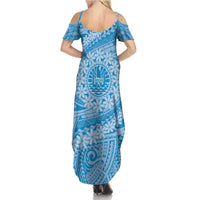 Tahitian Tiare Flower Family Matching Summer Maxi Dress and Hawaiian Shirt Blue Polynesian Pattern LT9 - Polynesian Pride