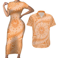 Tahitian Tiare Flower Couples Matching Short Sleeve Bodycon Dress and Hawaiian Shirt Gold Polynesian Pattern LT9 Gold - Polynesian Pride