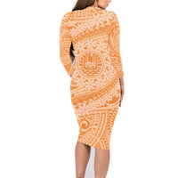 Tahitian Tiare Flower Family Matching Long Sleeve Bodycon Dress and Hawaiian Shirt Gold Polynesian Pattern LT9 - Polynesian Pride