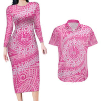 Tahitian Tiare Flower Couples Matching Long Sleeve Bodycon Dress and Hawaiian Shirt Pink Polynesian Pattern LT9 Pink - Polynesian Pride