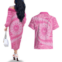 Tahitian Tiare Flower Couples Matching Off The Shoulder Long Sleeve Dress and Hawaiian Shirt Pink Polynesian Pattern LT9 - Polynesian Pride