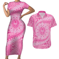 Tahitian Tiare Flower Couples Matching Short Sleeve Bodycon Dress and Hawaiian Shirt Pink Polynesian Pattern LT9 Pink - Polynesian Pride