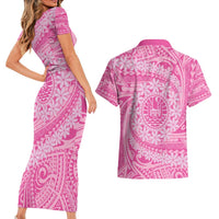 Tahitian Tiare Flower Couples Matching Short Sleeve Bodycon Dress and Hawaiian Shirt Pink Polynesian Pattern LT9 - Polynesian Pride