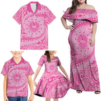 Tahitian Tiare Flower Family Matching Off Shoulder Maxi Dress and Hawaiian Shirt Pink Polynesian Pattern LT9 - Polynesian Pride