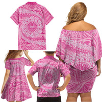Tahitian Tiare Flower Family Matching Off Shoulder Short Dress and Hawaiian Shirt Pink Polynesian Pattern LT9 - Polynesian Pride