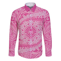 Tahitian Tiare Flower Family Matching Off Shoulder Short Dress and Hawaiian Shirt Pink Polynesian Pattern LT9 Dad's Shirt - Long Sleeve Pink - Polynesian Pride