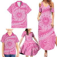 Tahitian Tiare Flower Family Matching Summer Maxi Dress and Hawaiian Shirt Pink Polynesian Pattern LT9 - Polynesian Pride