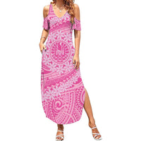 Tahitian Tiare Flower Family Matching Summer Maxi Dress and Hawaiian Shirt Pink Polynesian Pattern LT9 Mom's Dress Pink - Polynesian Pride