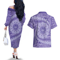 Tahitian Tiare Flower Couples Matching Off The Shoulder Long Sleeve Dress and Hawaiian Shirt Violet Polynesian Pattern LT9 - Polynesian Pride