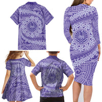 Tahitian Tiare Flower Family Matching Long Sleeve Bodycon Dress and Hawaiian Shirt Violet Polynesian Pattern LT9 - Polynesian Pride