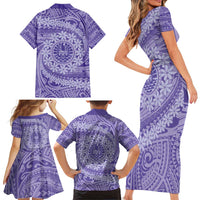 Tahitian Tiare Flower Family Matching Short Sleeve Bodycon Dress and Hawaiian Shirt Violet Polynesian Pattern LT9 - Polynesian Pride