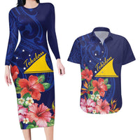 Personalised Tokelau Tropical Hibiscus Couples Matching Long Sleeve Bodycon Dress and Hawaiian Shirt With Polynesian Plumeria Tattoo LT9 Blue - Polynesian Pride