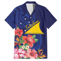 Personalised Tokelau Tropical Hibiscus Family Matching Off Shoulder Maxi Dress and Hawaiian Shirt With Polynesian Plumeria Tattoo LT9 Dad's Shirt - Short Sleeve Blue - Polynesian Pride