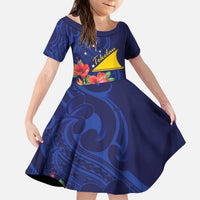 Personalised Tokelau Tropical Hibiscus Family Matching Puletasi and Hawaiian Shirt With Polynesian Plumeria Tattoo LT9 Daughter's Dress Blue - Polynesian Pride